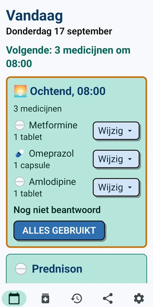 Het scherm Vandaag van MediRust met de medicijnen voor de ochtend